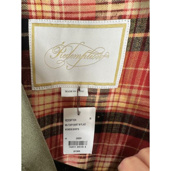 NWT Redemption Handmade Distressed Olive Military Shirt with Plaid Hem 44 / M - Picture 13 of 14